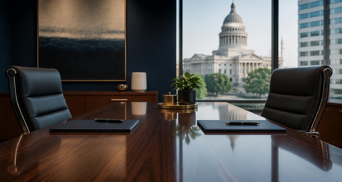 Two empty chairs across a Missouri business conference table