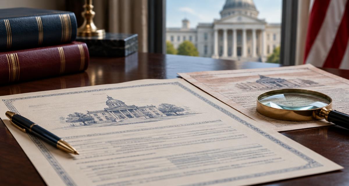 Missouri property deed under review beside legal books and a magnifying glass