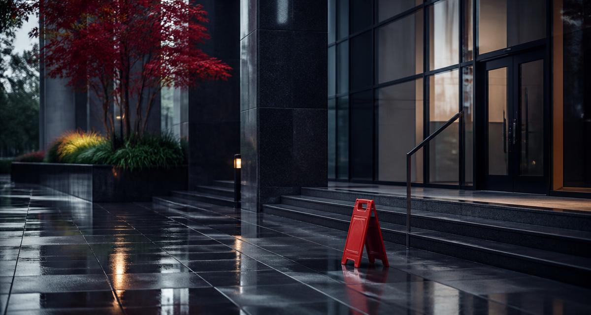 Rain-wet commercial walkway with a safety warning sign